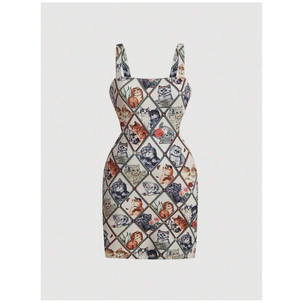 SHEIN curve 3XL Geo Cat Printed Cami Mini Bodycon Dress Cute Preppy Cat Lover